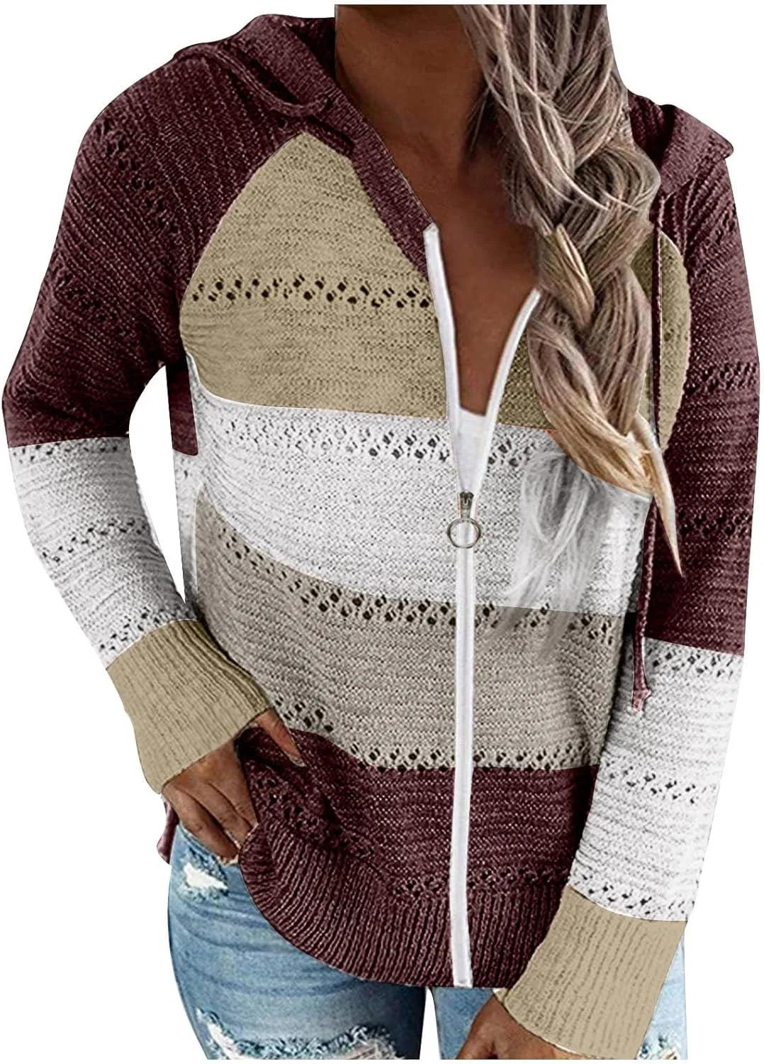 Womens Fall Casual Color Blocking Zipper Front Long Sleeve Pullover Knitted Hooded Sweater Top Blouse Sweater Coat