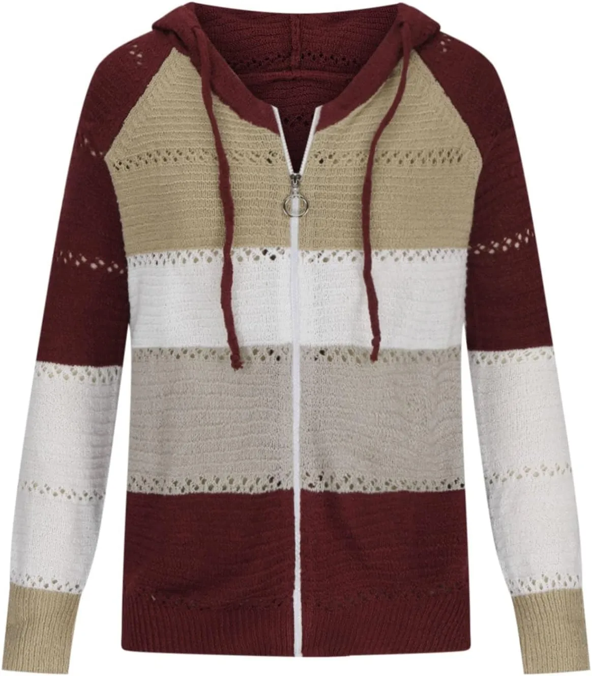 Womens Fall Casual Color Blocking Zipper Front Long Sleeve Pullover Knitted Hooded Sweater Top Blouse Sweater Coat