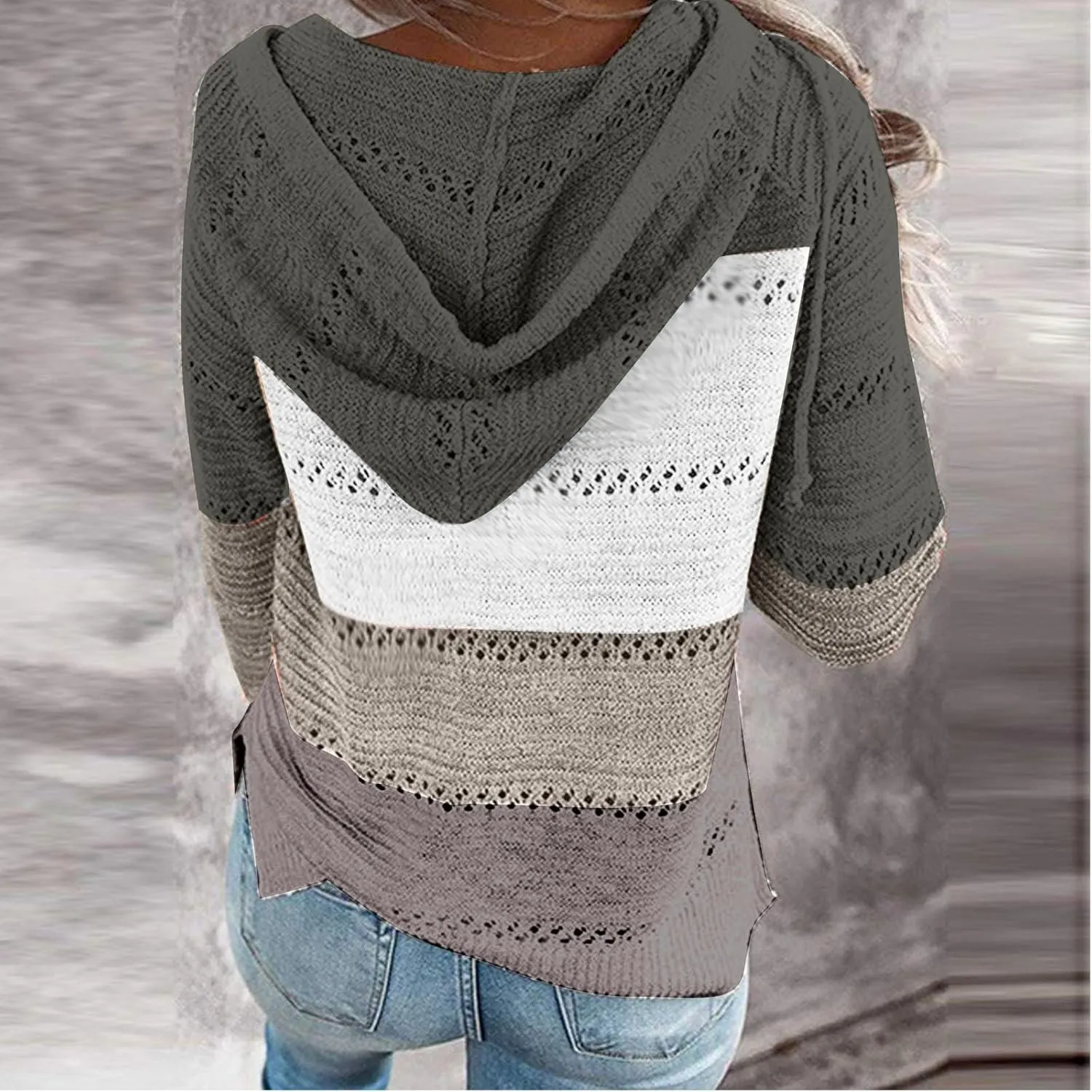 Womens Fall Casual Color Blocking Zipper Front Long Sleeve Pullover Knitted Hooded Sweater Top Blouse Sweater Coat