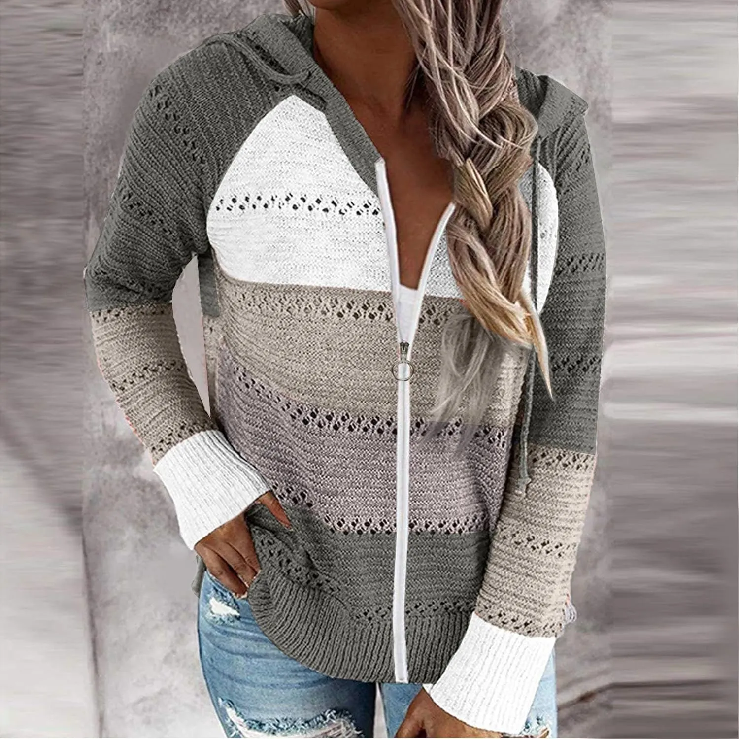 Womens Fall Casual Color Blocking Zipper Front Long Sleeve Pullover Knitted Hooded Sweater Top Blouse Sweater Coat