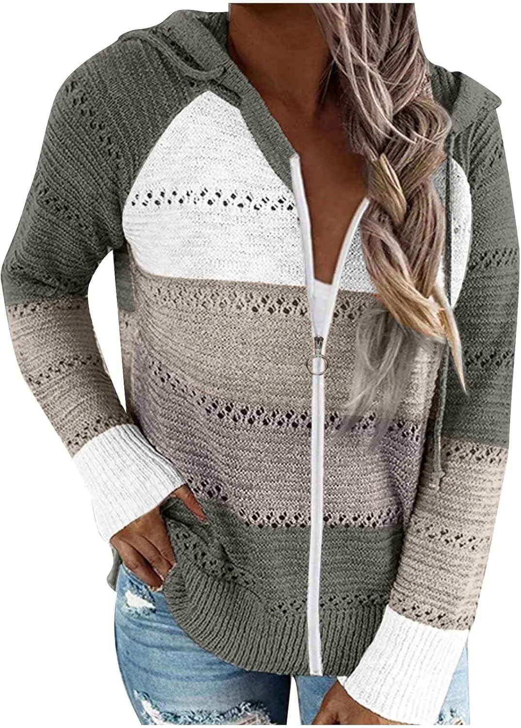 Womens Fall Casual Color Blocking Zipper Front Long Sleeve Pullover Knitted Hooded Sweater Top Blouse Sweater Coat