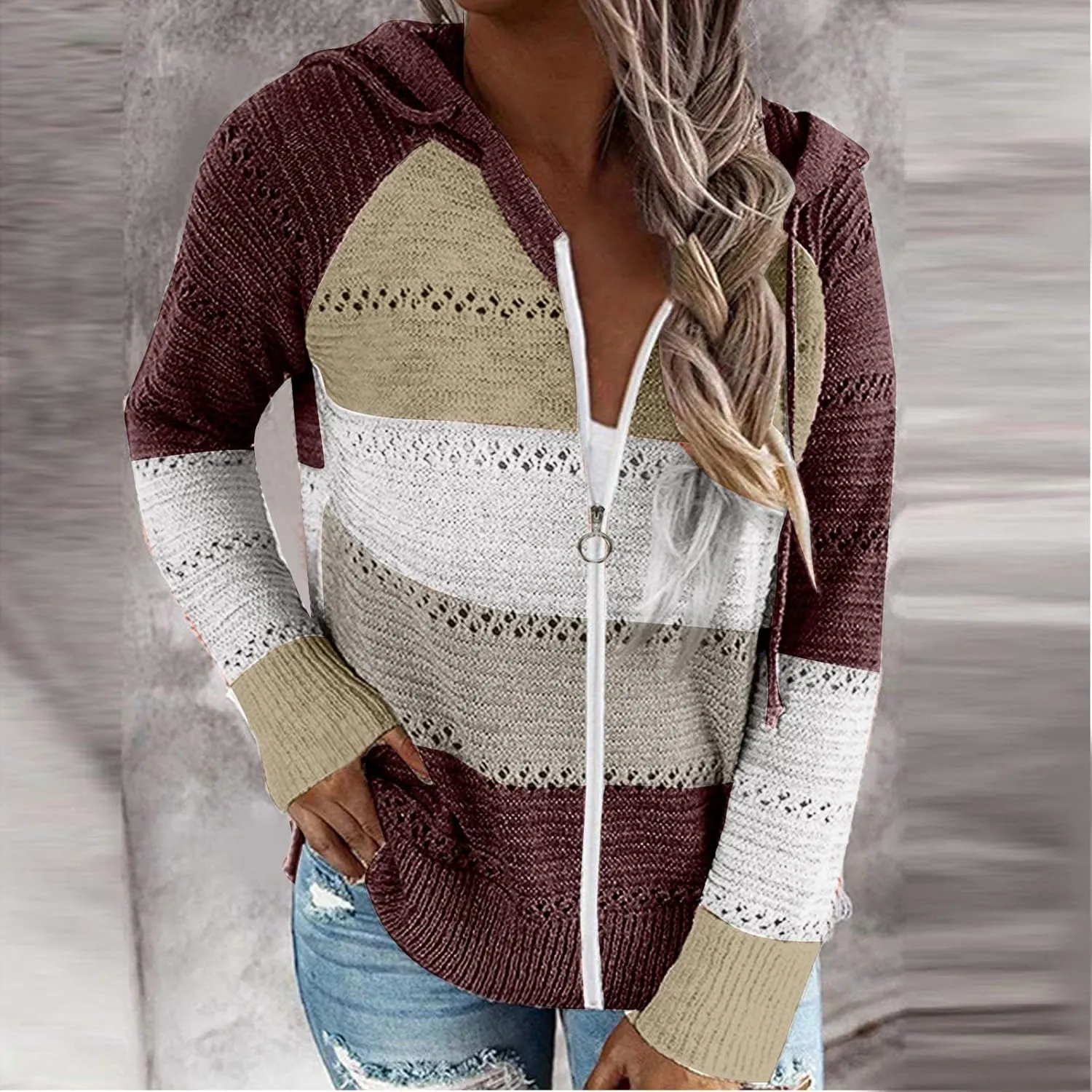 Womens Fall Casual Color Blocking Zipper Front Long Sleeve Pullover Knitted Hooded Sweater Top Blouse Sweater Coat