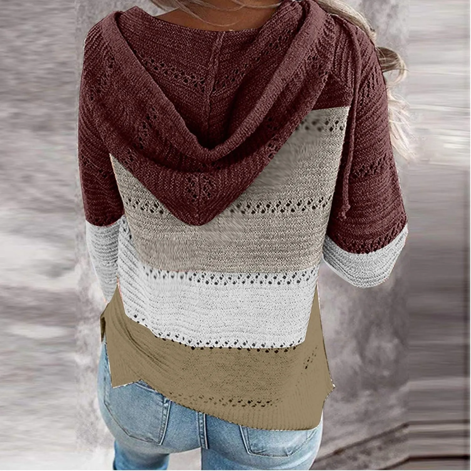 Womens Fall Casual Color Blocking Zipper Front Long Sleeve Pullover Knitted Hooded Sweater Top Blouse Sweater Coat