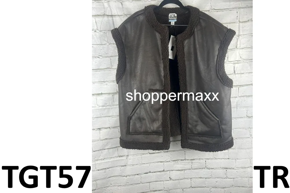 WOMEN'S FAUX SHEARLING LINED LEATHER VEST - FUTURE COLLECTIVE, DARK BROWN, XXL
