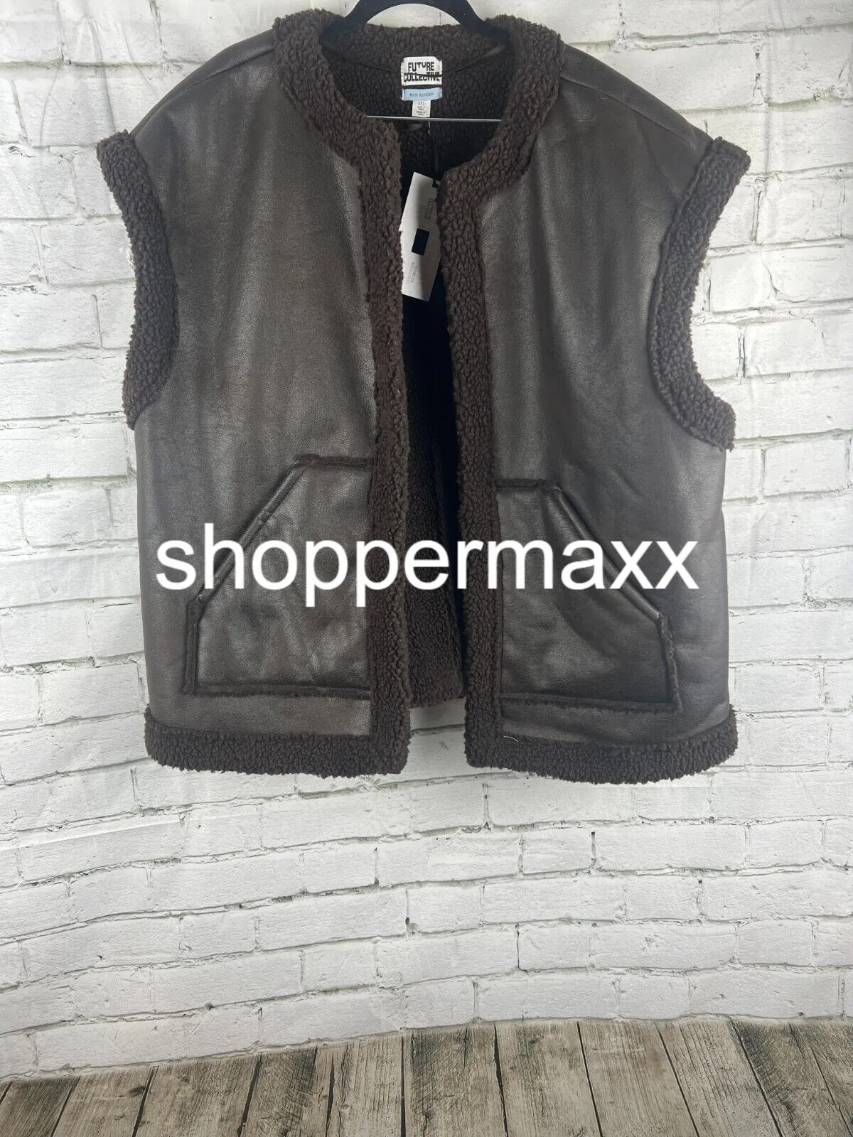 WOMEN'S FAUX SHEARLING LINED LEATHER VEST - FUTURE COLLECTIVE, DARK BROWN, XXL