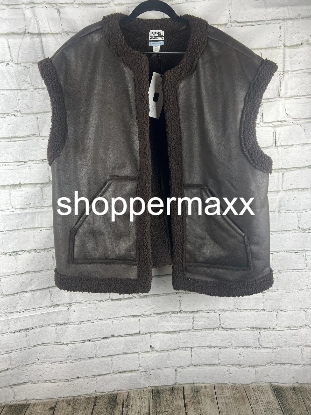 WOMEN'S FAUX SHEARLING LINED LEATHER VEST - FUTURE COLLECTIVE, DARK BROWN, XXL