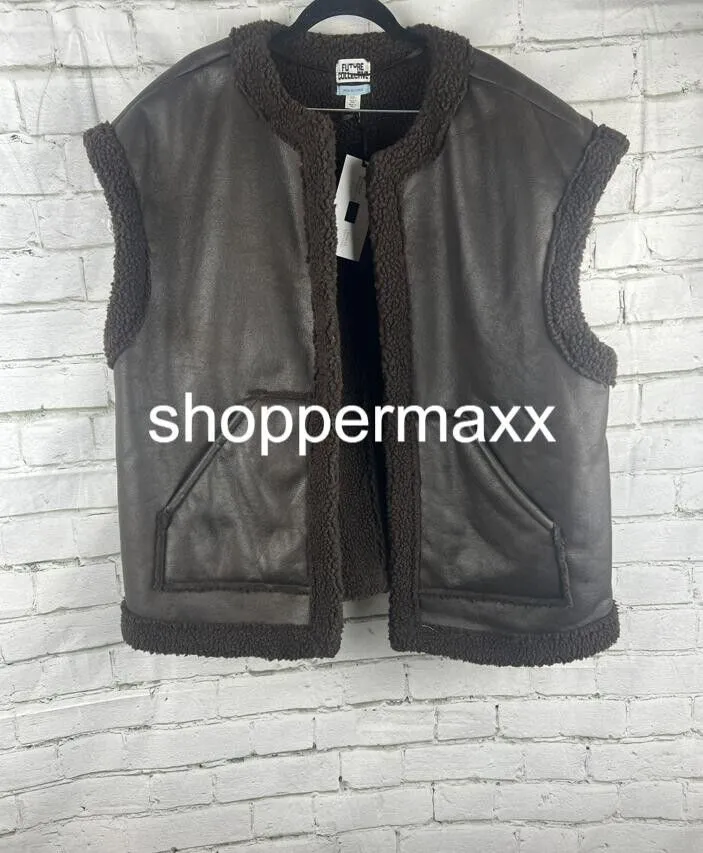 WOMEN'S FAUX SHEARLING LINED LEATHER VEST - FUTURE COLLECTIVE, DARK BROWN, XXL