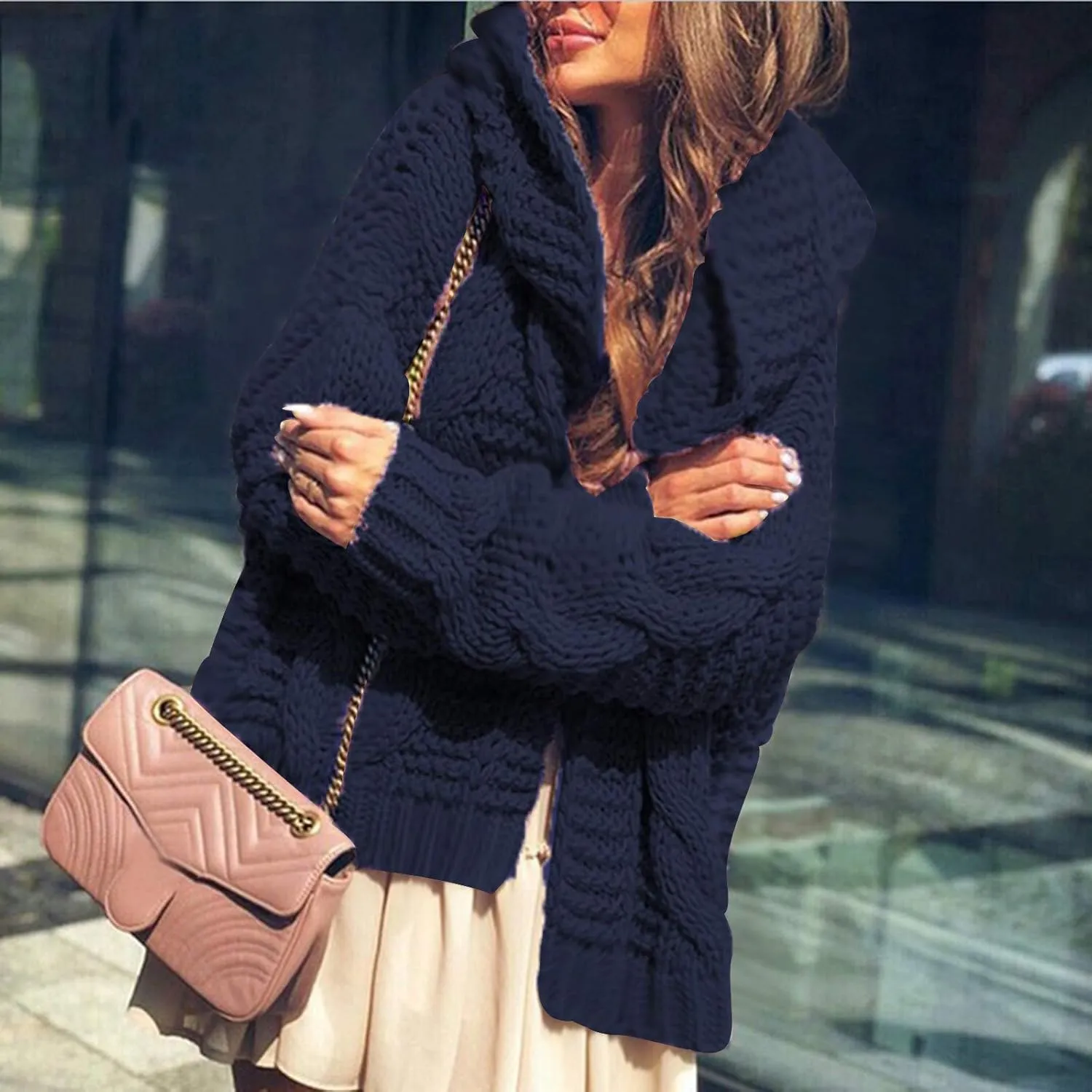 Women's Hooded Sweaters Fall Winter Loose Cardigan Loose Chunky Knit Open Front Sweater Outerwear Jackets Coats