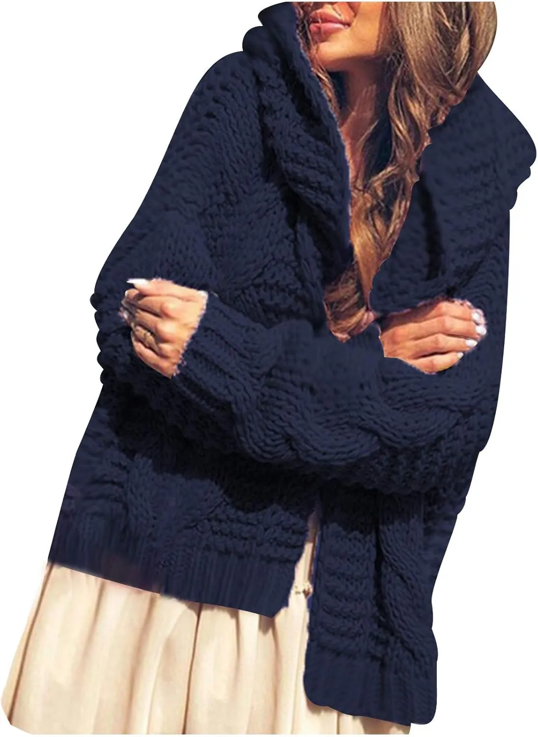 Women's Hooded Sweaters Fall Winter Loose Cardigan Loose Chunky Knit Open Front Sweater Outerwear Jackets Coats