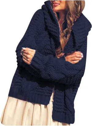 Women's Hooded Sweaters Fall Winter Loose Cardigan Loose Chunky Knit Open Front Sweater Outerwear Jackets Coats