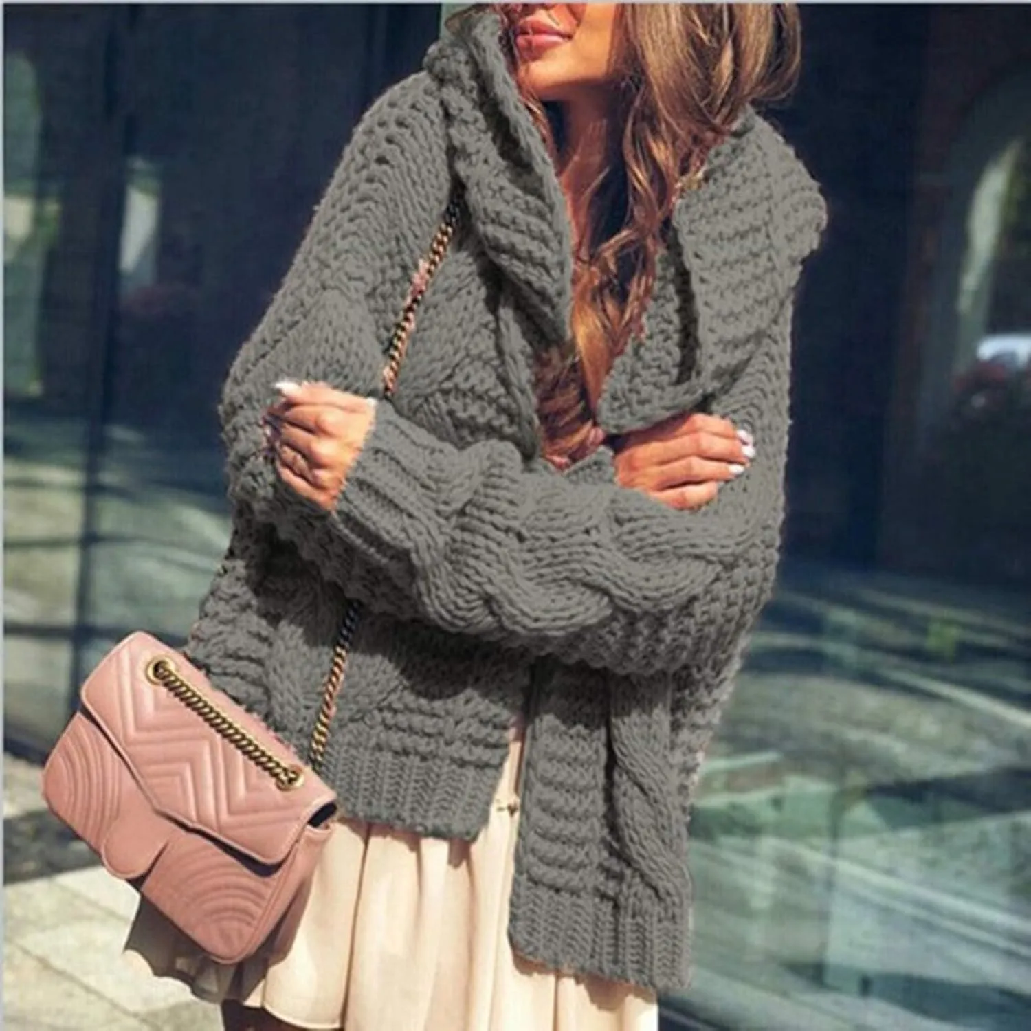 Women's Hooded Sweaters Fall Winter Loose Cardigan Loose Chunky Knit Open Front Sweater Outerwear Jackets Coats