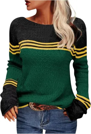 Women's Knitted Color Block Sweaters Long Sleeve Crewneck Fall Fashion Shirt Tunic Tops Blouse Knitwear Pullover