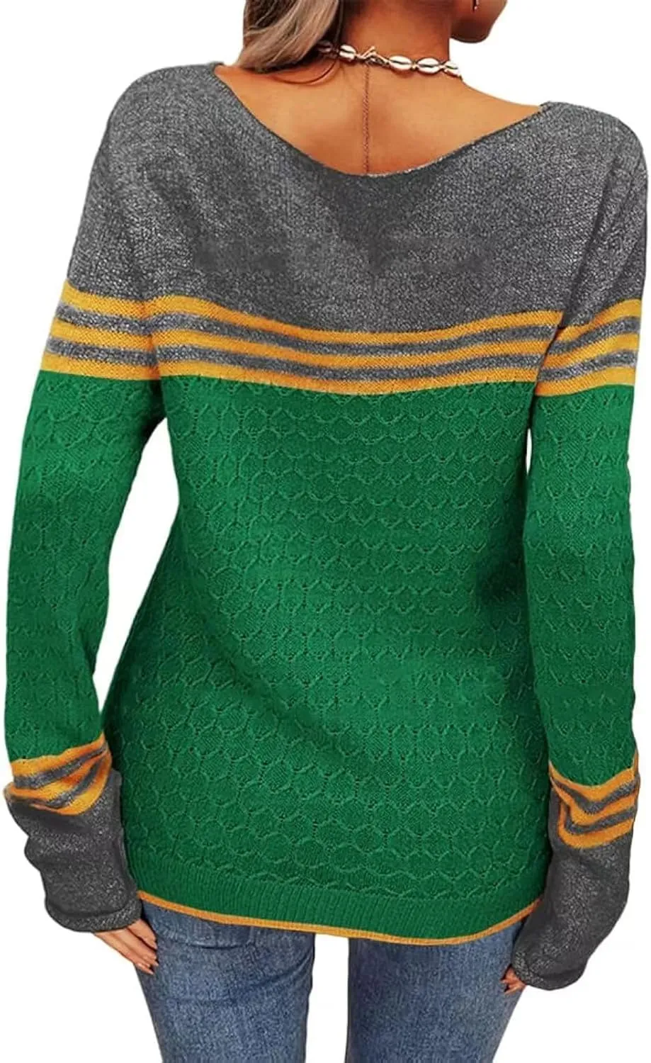 Women's Knitted Color Block Sweaters Long Sleeve Crewneck Fall Fashion Shirt Tunic Tops Blouse Knitwear Pullover