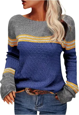 Women's Knitted Color Block Sweaters Long Sleeve Crewneck Fall Fashion Shirt Tunic Tops Blouse Knitwear Pullover