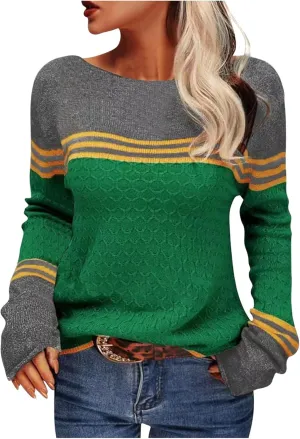 Women's Knitted Color Block Sweaters Long Sleeve Crewneck Fall Fashion Shirt Tunic Tops Blouse Knitwear Pullover