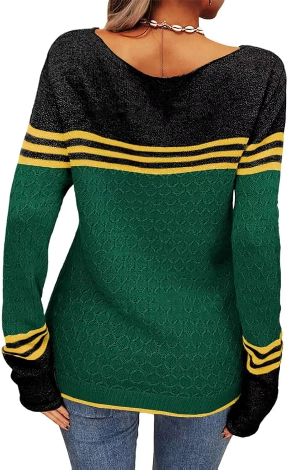 Women's Knitted Color Block Sweaters Long Sleeve Crewneck Fall Fashion Shirt Tunic Tops Blouse Knitwear Pullover