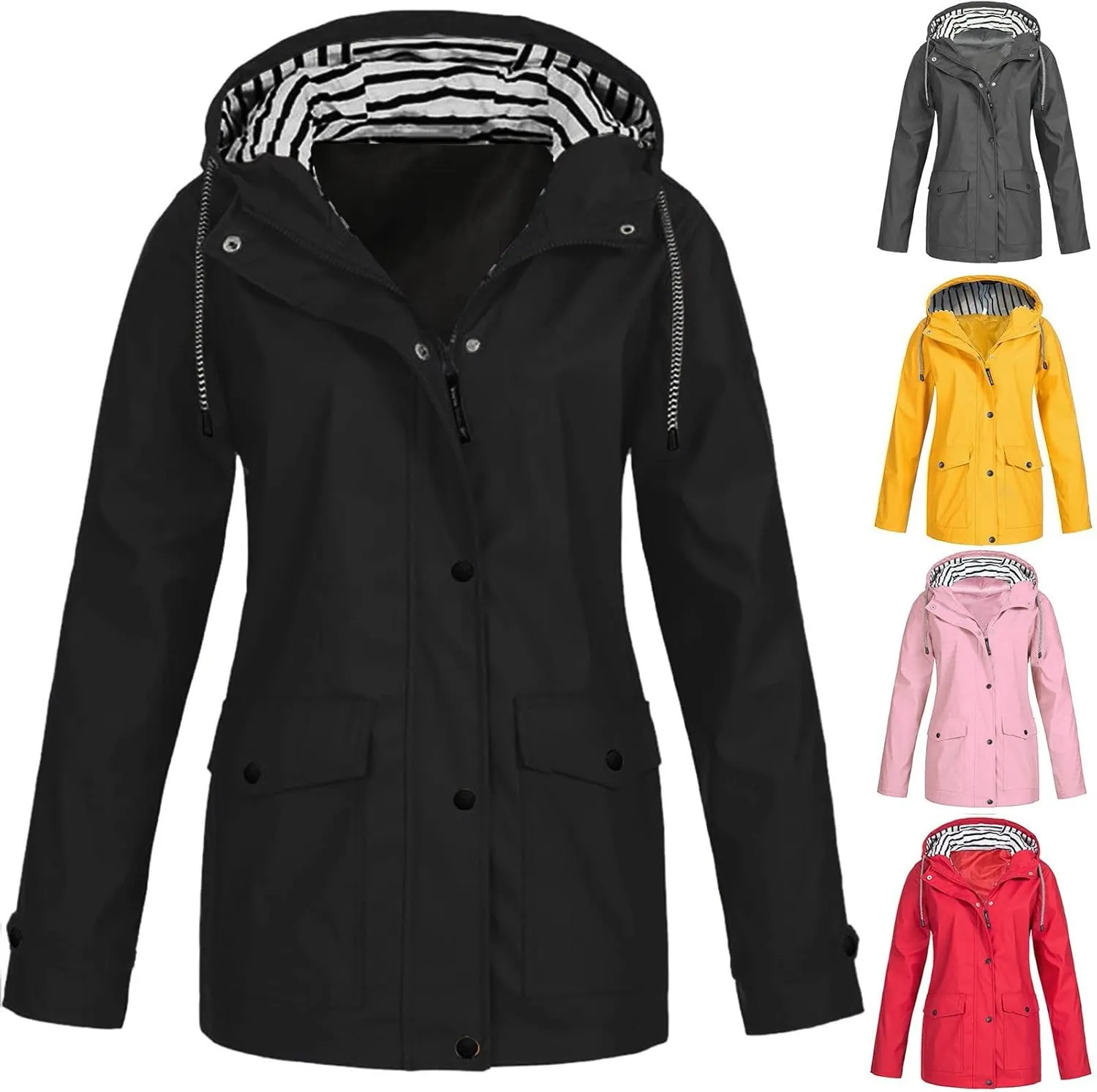 Women's Lightweight Hooded Rain Jacket Waterproof Windbreaker Jacket Plus Size Trench Coat Travel Raincoats Packable