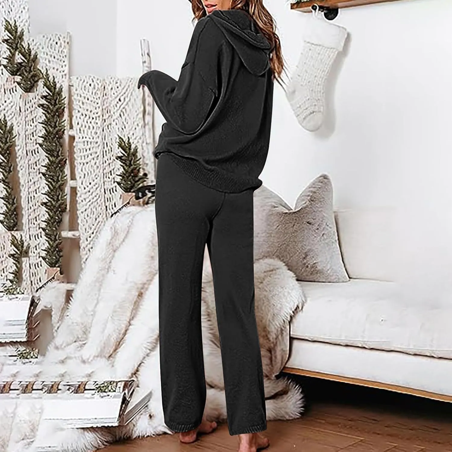 Womens Long Sleeve Button Waffle Knit Lounge Sets Pullover Sweater Top Wide Leg Pants Tracksuit Outfits Sweatsuit