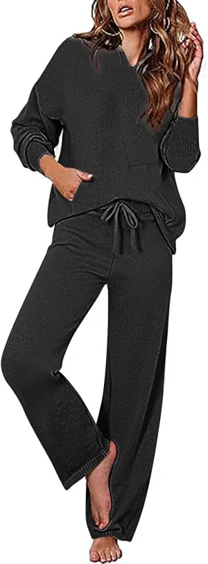 Womens Long Sleeve Button Waffle Knit Lounge Sets Pullover Sweater Top Wide Leg Pants Tracksuit Outfits Sweatsuit