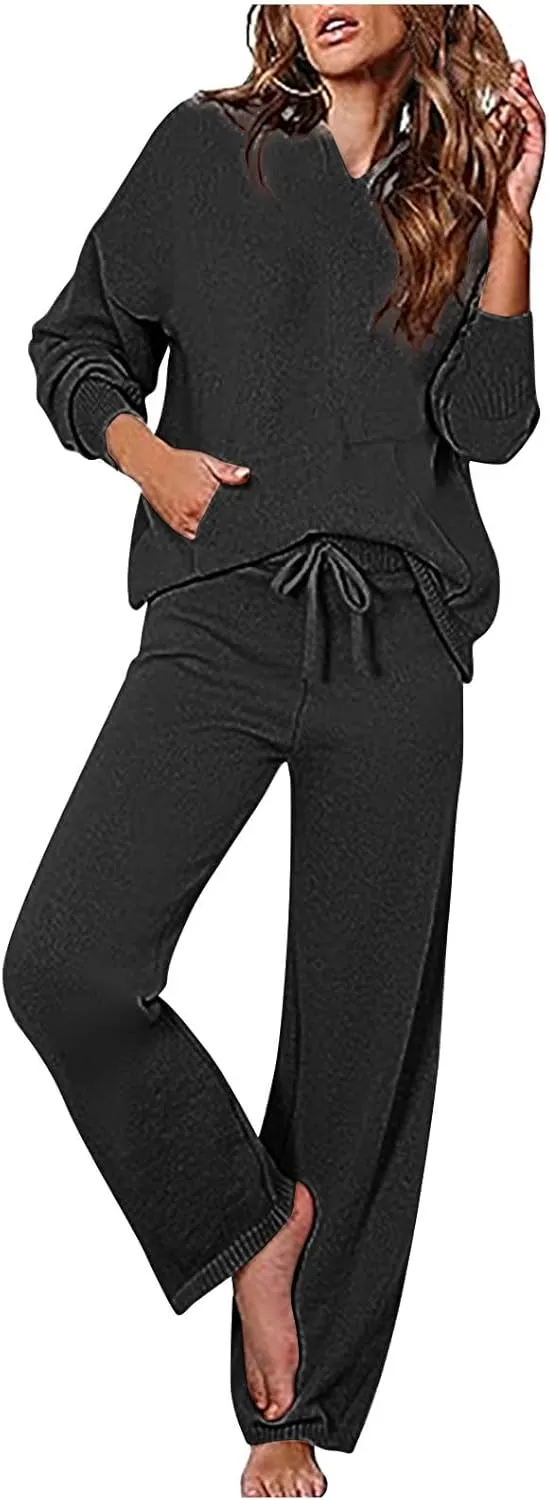 Womens Long Sleeve Button Waffle Knit Lounge Sets Pullover Sweater Top Wide Leg Pants Tracksuit Outfits Sweatsuit