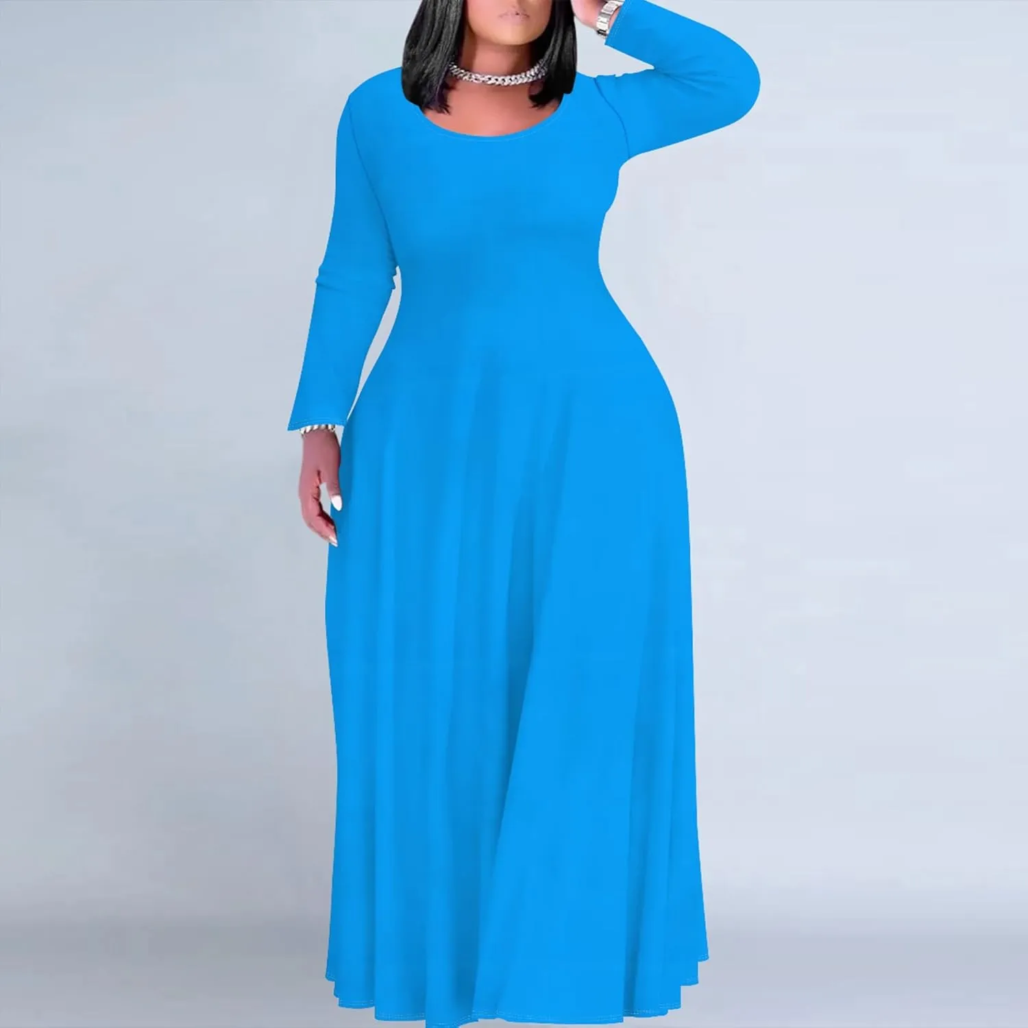 Women's Long Sleeve V Neck Loose Dress Solid Gradient Tie Dye A-Line Dress Plus Size Curve Fit Cocktail Dresses