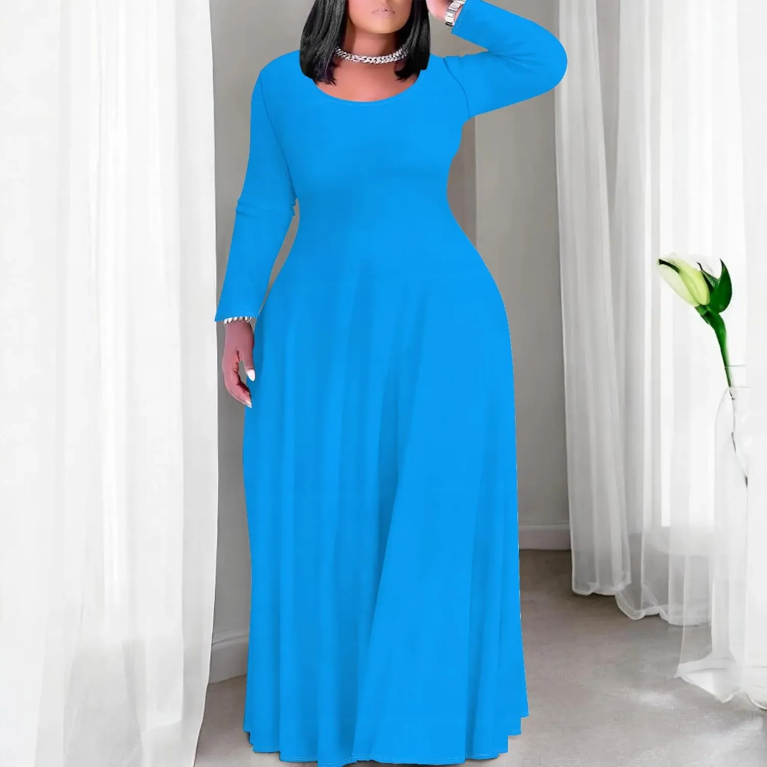 Women's Long Sleeve V Neck Loose Dress Solid Gradient Tie Dye A-Line Dress Plus Size Curve Fit Cocktail Dresses