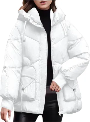 Women's Quilted Jackets Long Sleeve Hooded Coat Thickened Windproof Warm Fleece Plus Size Outerwear with Pockets