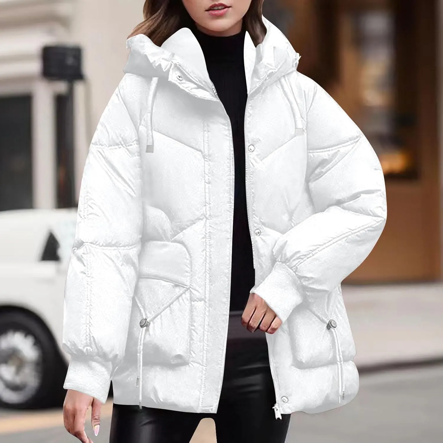 Women's Quilted Jackets Long Sleeve Hooded Coat Thickened Windproof Warm Fleece Plus Size Outerwear with Pockets