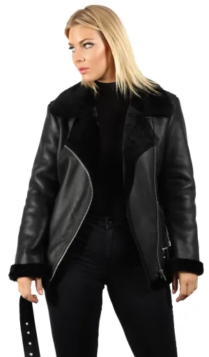 Womens Sheepskin Aviator Black Biker Jacket-Peterlee