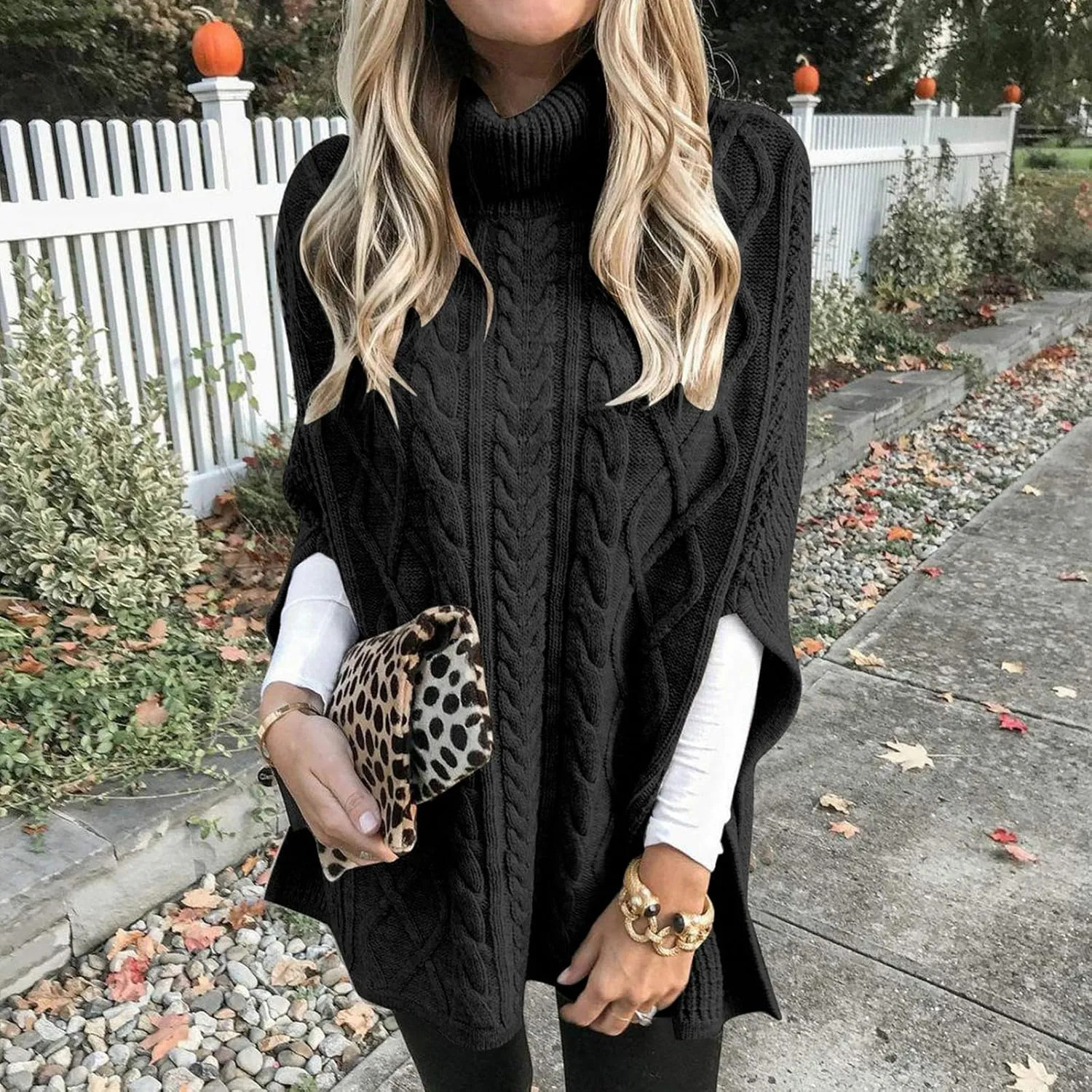 Women's Turtleneck Sweaters Chunky Cable Knit Pullover 2023 Fall Fashion Side Slit Poncho Sweater Shawl Top