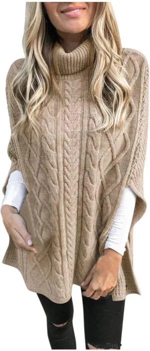 Women's Turtleneck Sweaters Chunky Cable Knit Pullover 2023 Fall Fashion Side Slit Poncho Sweater Shawl Top