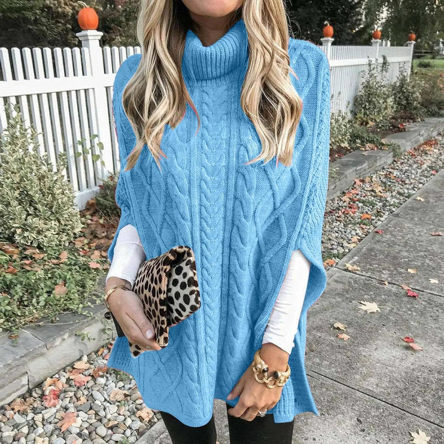 Women's Turtleneck Sweaters Chunky Cable Knit Pullover 2023 Fall Fashion Side Slit Poncho Sweater Shawl Top