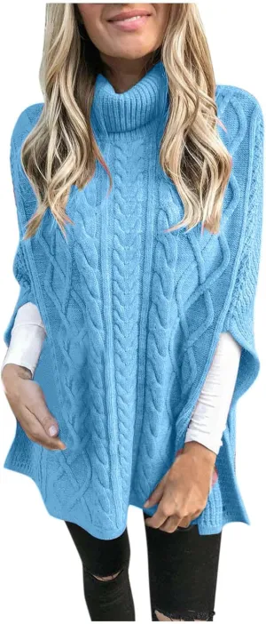 Women's Turtleneck Sweaters Chunky Cable Knit Pullover 2023 Fall Fashion Side Slit Poncho Sweater Shawl Top