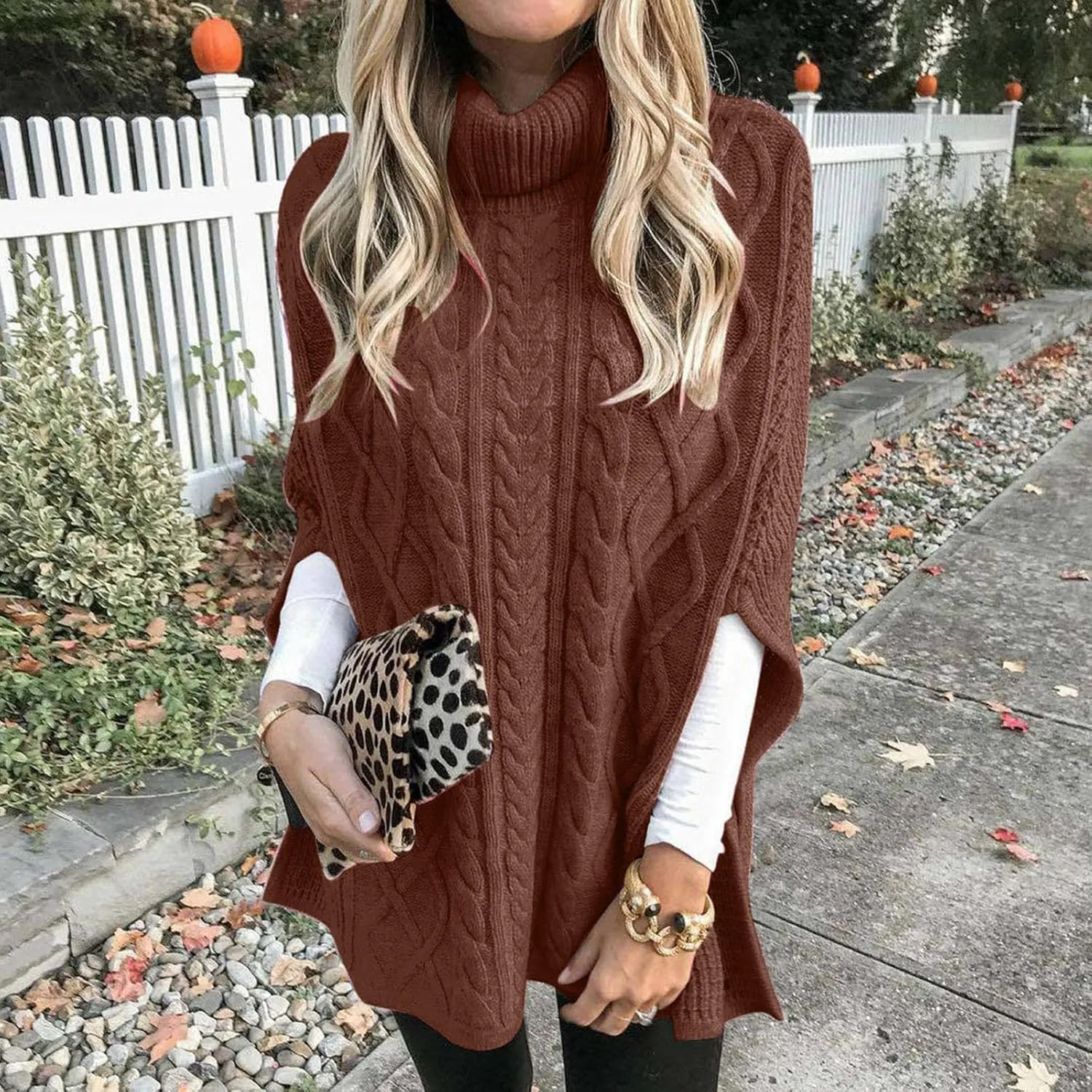 Women's Turtleneck Sweaters Chunky Cable Knit Pullover 2023 Fall Fashion Side Slit Poncho Sweater Shawl Top