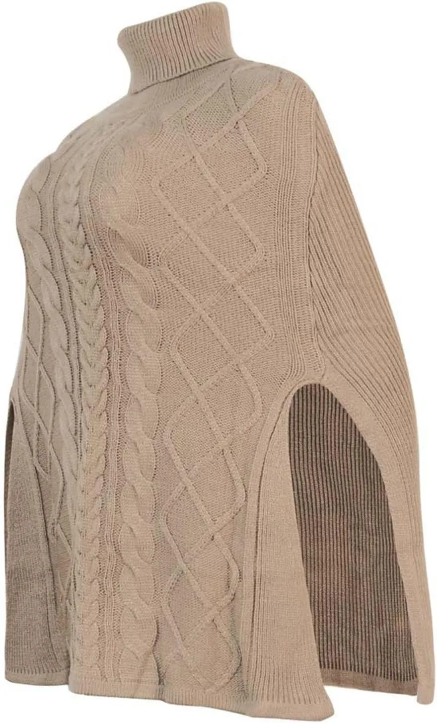 Women's Turtleneck Sweaters Chunky Cable Knit Pullover 2023 Fall Fashion Side Slit Poncho Sweater Shawl Top