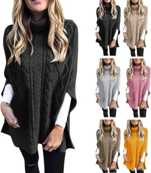 Women's Turtleneck Sweaters Chunky Cable Knit Pullover 2023 Fall Fashion Side Slit Poncho Sweater Shawl Top