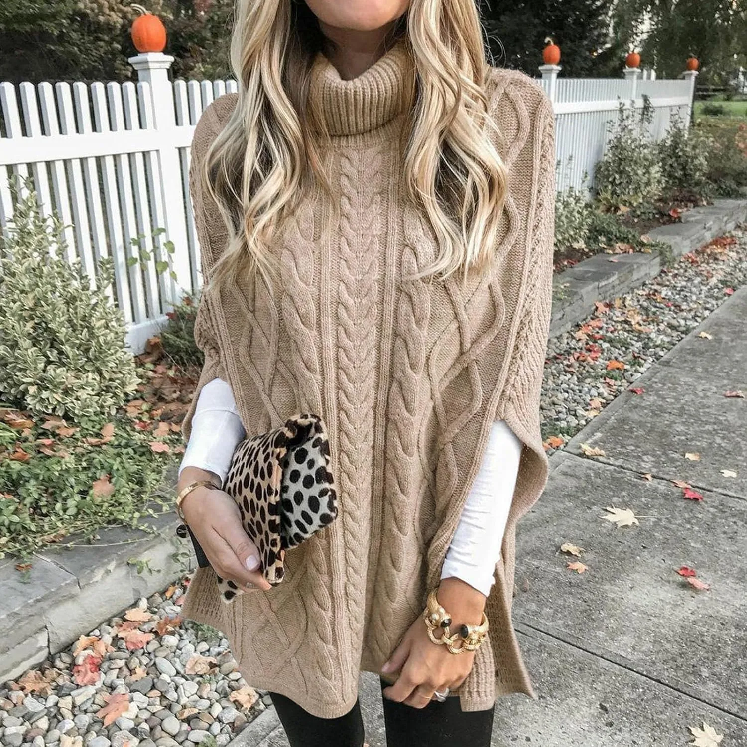 Women's Turtleneck Sweaters Chunky Cable Knit Pullover 2023 Fall Fashion Side Slit Poncho Sweater Shawl Top