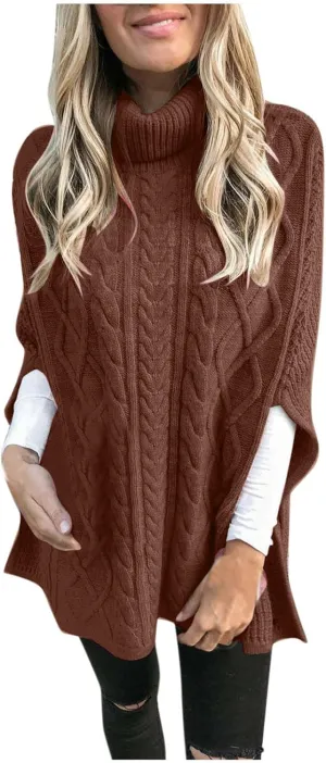 Women's Turtleneck Sweaters Chunky Cable Knit Pullover 2023 Fall Fashion Side Slit Poncho Sweater Shawl Top
