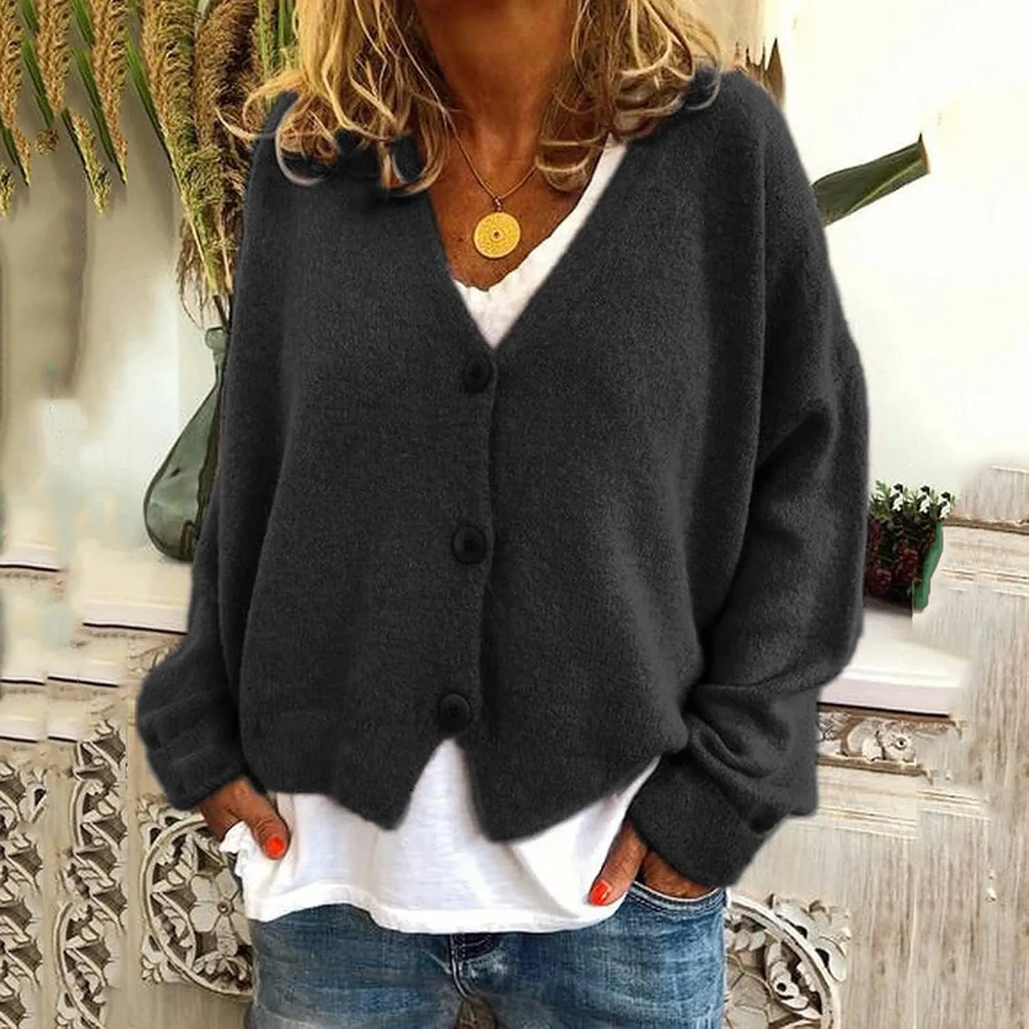 Women's V Neck Button Cardigans Long Sleeve Cable Knit Sweaters Lightweight Jackets Fall Fashion Outerwear Coat