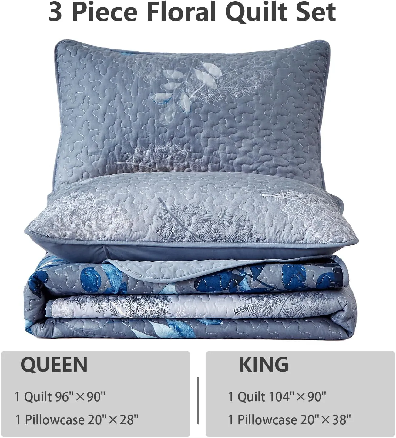 WONGS BEDDING Blue Quilt Set Queen Size,3 Pieces Navy Blue Floral Bedspread Coverlet Set,Soft Microfiber Lightweight Grayish Blue Gradient Floral Bedding Set Queen 96"x90"