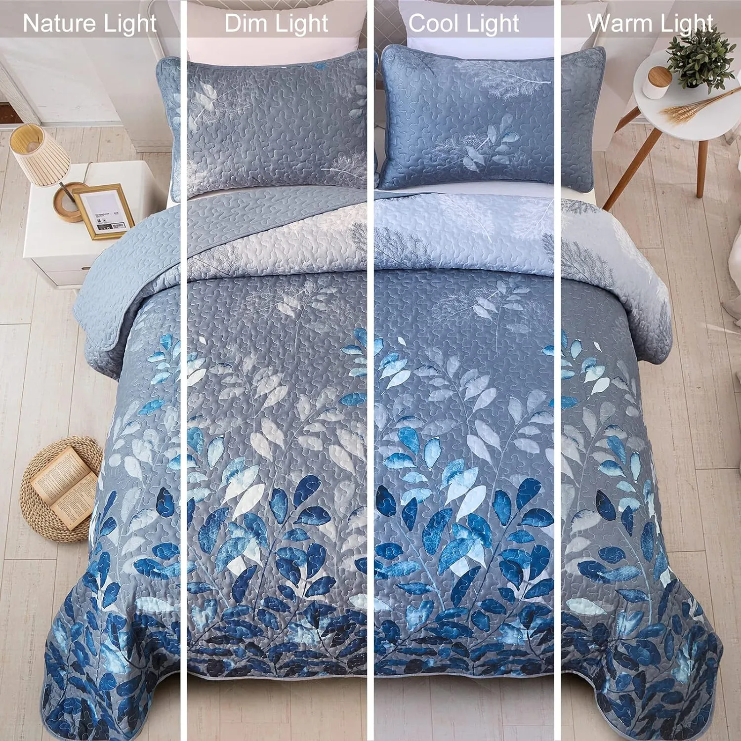 WONGS BEDDING Blue Quilt Set Queen Size,3 Pieces Navy Blue Floral Bedspread Coverlet Set,Soft Microfiber Lightweight Grayish Blue Gradient Floral Bedding Set Queen 96"x90"