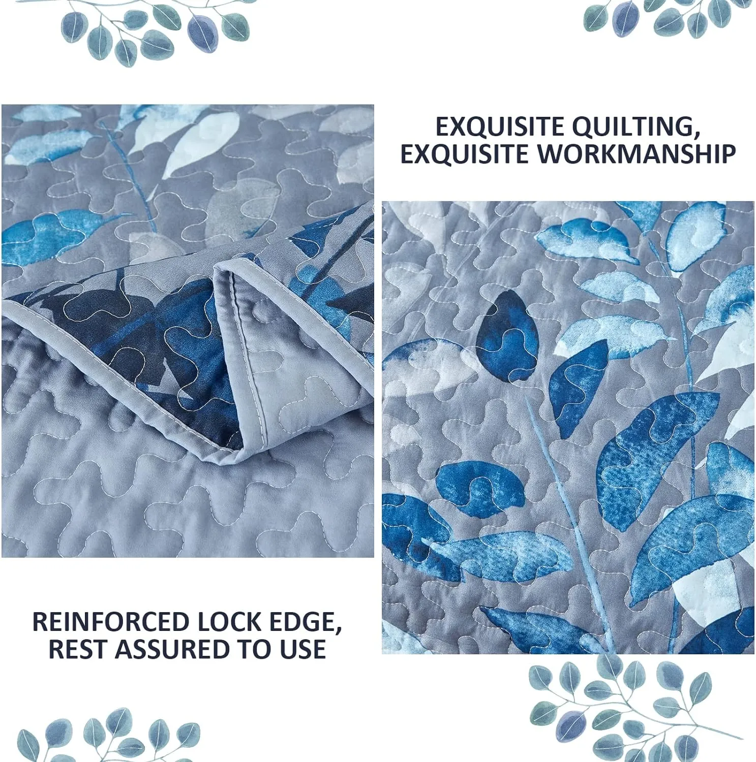 WONGS BEDDING Blue Quilt Set Queen Size,3 Pieces Navy Blue Floral Bedspread Coverlet Set,Soft Microfiber Lightweight Grayish Blue Gradient Floral Bedding Set Queen 96"x90"