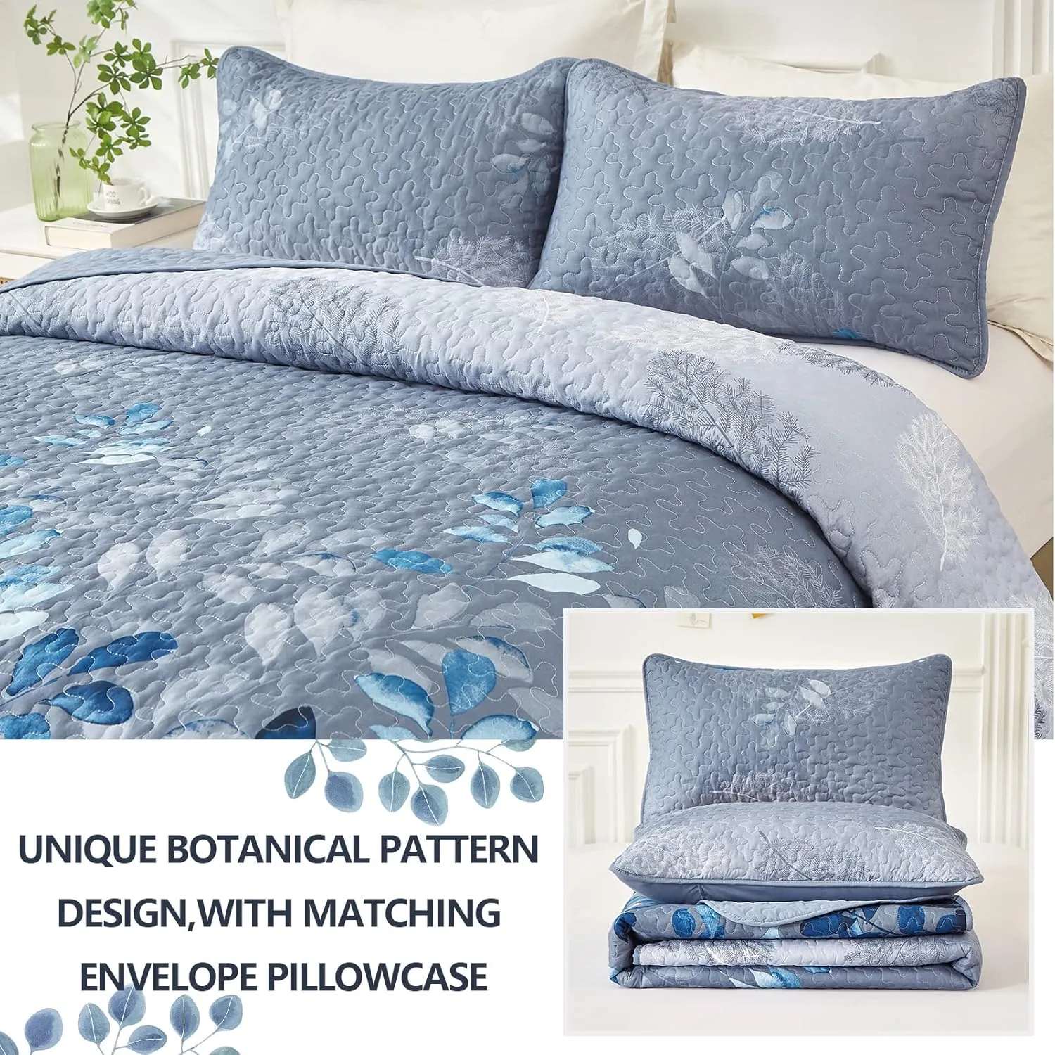 WONGS BEDDING Blue Quilt Set Queen Size,3 Pieces Navy Blue Floral Bedspread Coverlet Set,Soft Microfiber Lightweight Grayish Blue Gradient Floral Bedding Set Queen 96"x90"