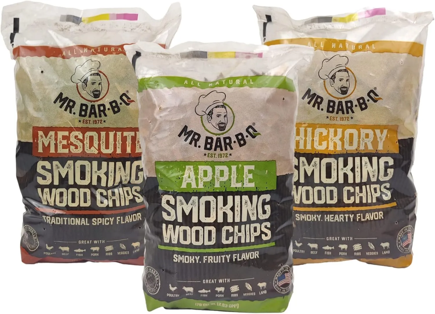 Wood Smoker Chips Bundle of 3 Flavors - Apple, Mesquite & Hickory Wood Chips for Smokers, Can be Used on Gas, Charcoal Grill, 3 Variety Flavor for Grilling, BBQ, Camping by Mr. Bar-B-Q(3 x 1.6 Lb Bag)