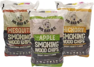 Wood Smoker Chips Bundle of 3 Flavors - Apple, Mesquite & Hickory Wood Chips for Smokers, Can be Used on Gas, Charcoal Grill, 3 Variety Flavor for Grilling, BBQ, Camping by Mr. Bar-B-Q(3 x 1.6 Lb Bag)