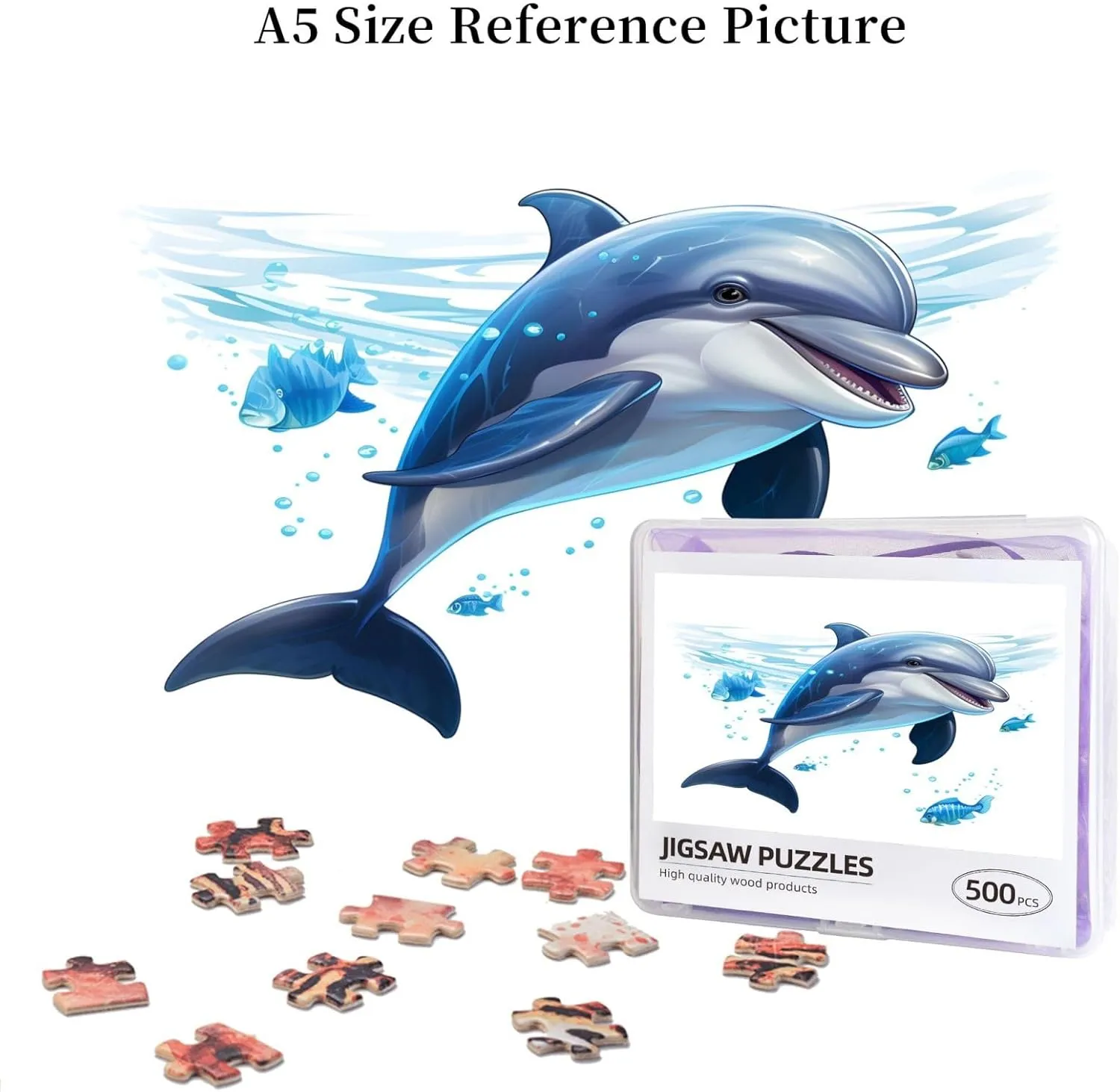 Wooden Jigsaw Puzzles 500 Pieces Watercolor Dolphin Fish Puzzle Leisure for Adults Jigsaw Challenging Creative Educational Intellectual Decompressing Family Games Toy Gift