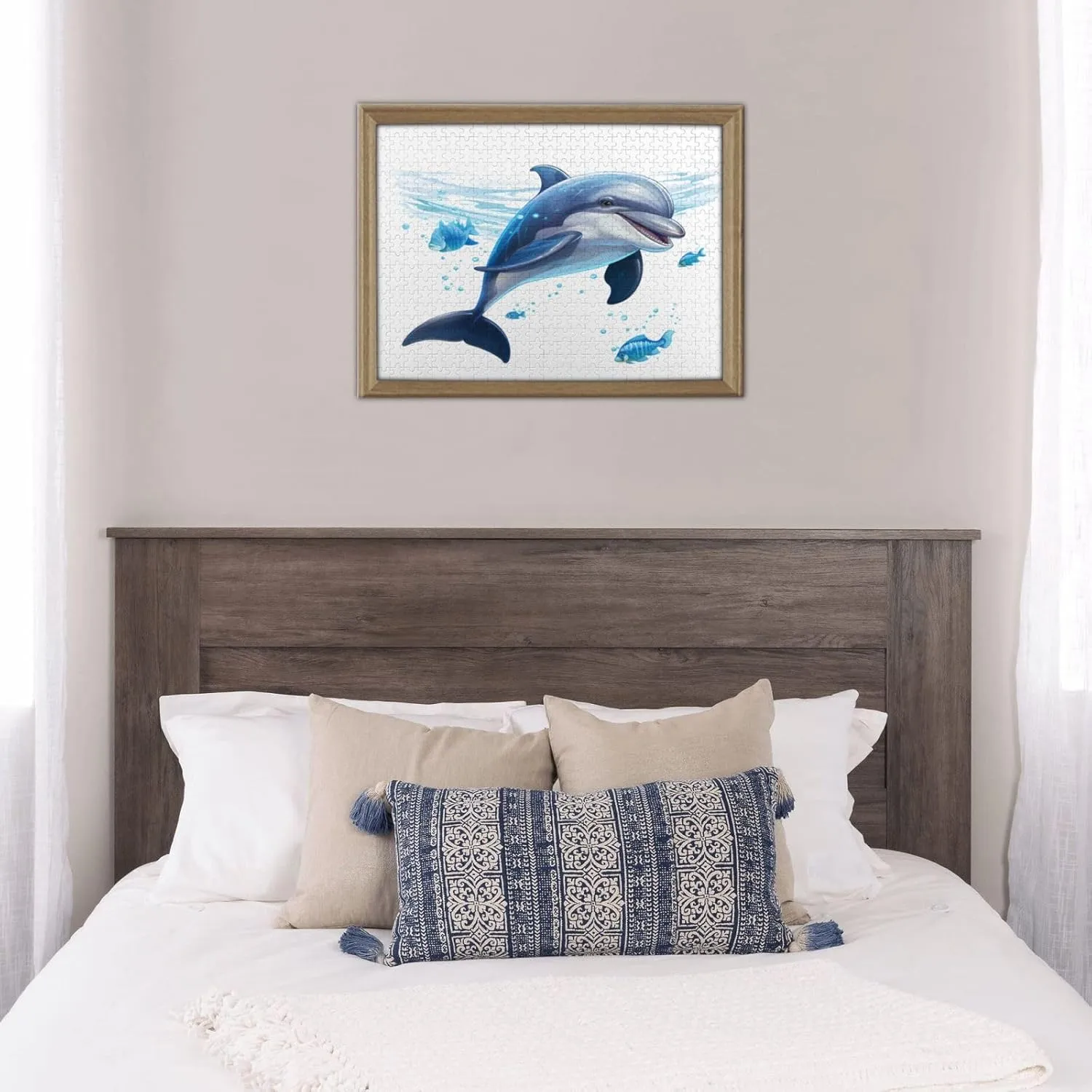 Wooden Jigsaw Puzzles 500 Pieces Watercolor Dolphin Fish Puzzle Leisure for Adults Jigsaw Challenging Creative Educational Intellectual Decompressing Family Games Toy Gift