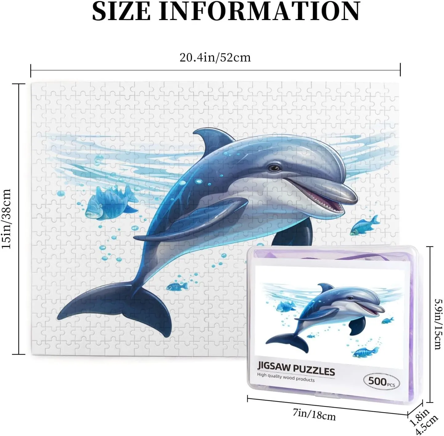 Wooden Jigsaw Puzzles 500 Pieces Watercolor Dolphin Fish Puzzle Leisure for Adults Jigsaw Challenging Creative Educational Intellectual Decompressing Family Games Toy Gift