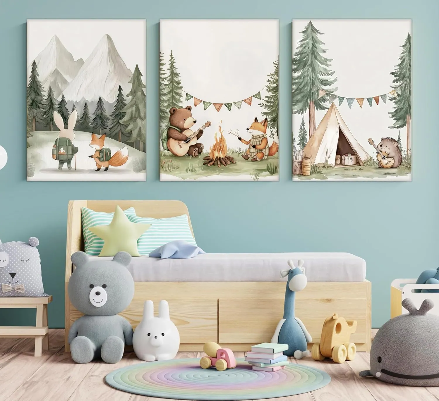 Woodland Animal Nursery Canvas Wall Art Fox Bear Rabbit Hedgehog Paintings Pictures Safari Nursery Wall Decor Forest Animals Camping Campfire Poster Print Artwork for Boys Kids Room Home Decoration