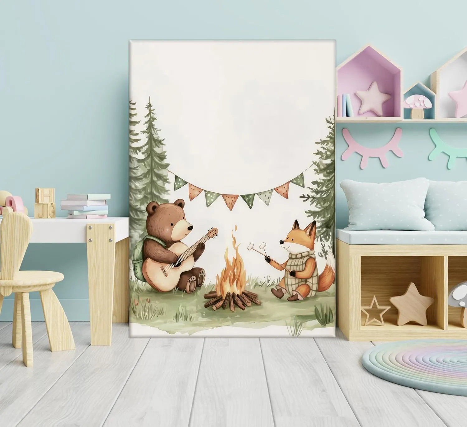 Woodland Animal Nursery Canvas Wall Art Fox Bear Rabbit Hedgehog Paintings Pictures Safari Nursery Wall Decor Forest Animals Camping Campfire Poster Print Artwork for Boys Kids Room Home Decoration